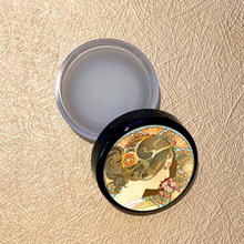 Load image into Gallery viewer, Vintage Victorian Cottagecore Sandalwood Solid Perfume Compact with The Four Arts: Music by Alphonse Mucha
